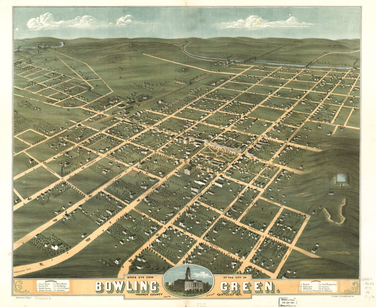 Vogelperspektive der Stadt Bowling Green, Warren County, Kentucky 1871 von A.; Chicago Lithographing Co. Ruger