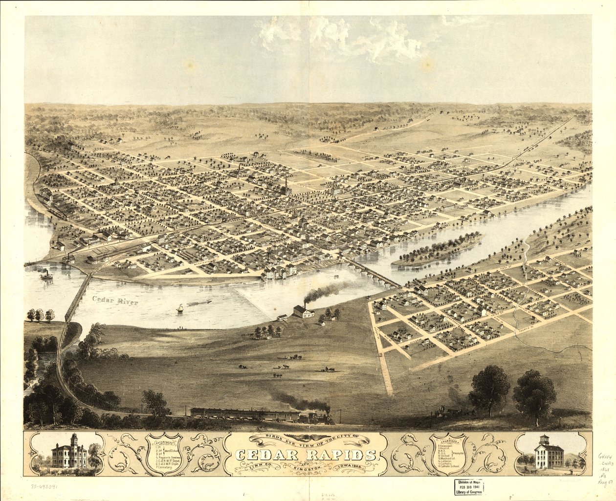 Vogelperspektive der Stadt Cedar Rapids und Kingston, Linn Co., Iowa 1868 von A.; Chicago Lithographing Co. Ruger