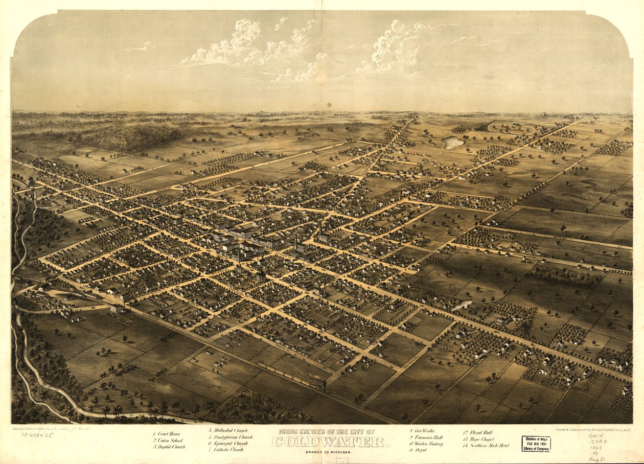 Vogelperspektive der Stadt Coldwater, Branch Co., Michigan von A.; Chicago Lithographing Co. Ruger