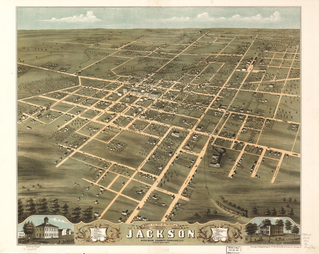 Vogelperspektive der Stadt Jackson, Madison County, Tennessee 1870 von A.; Chicago Lithographing Co. Ruger