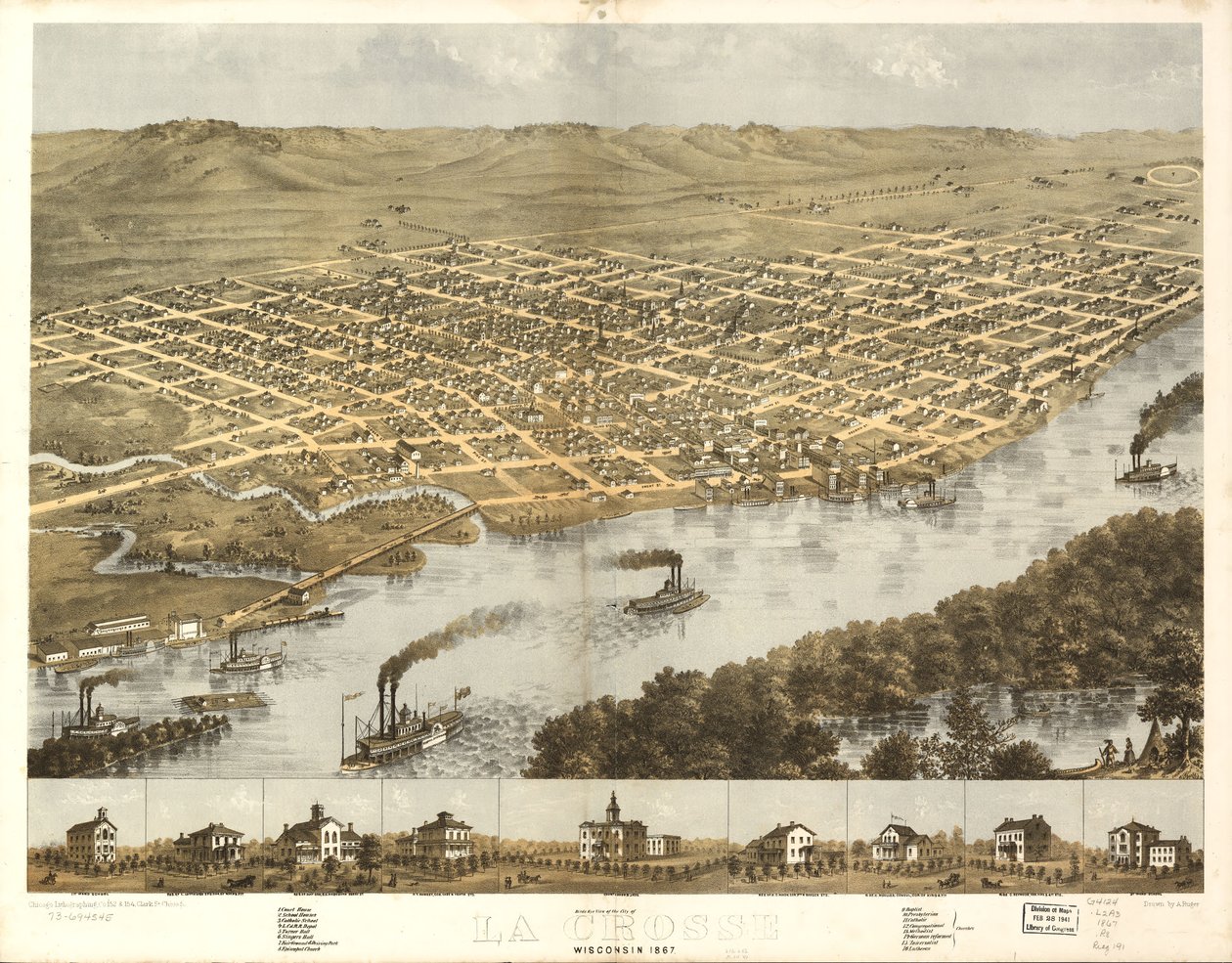 Vogelperspektive der Stadt La Crosse, Wisconsin 1867 von A.; Chicago Lithographing Co. Ruger