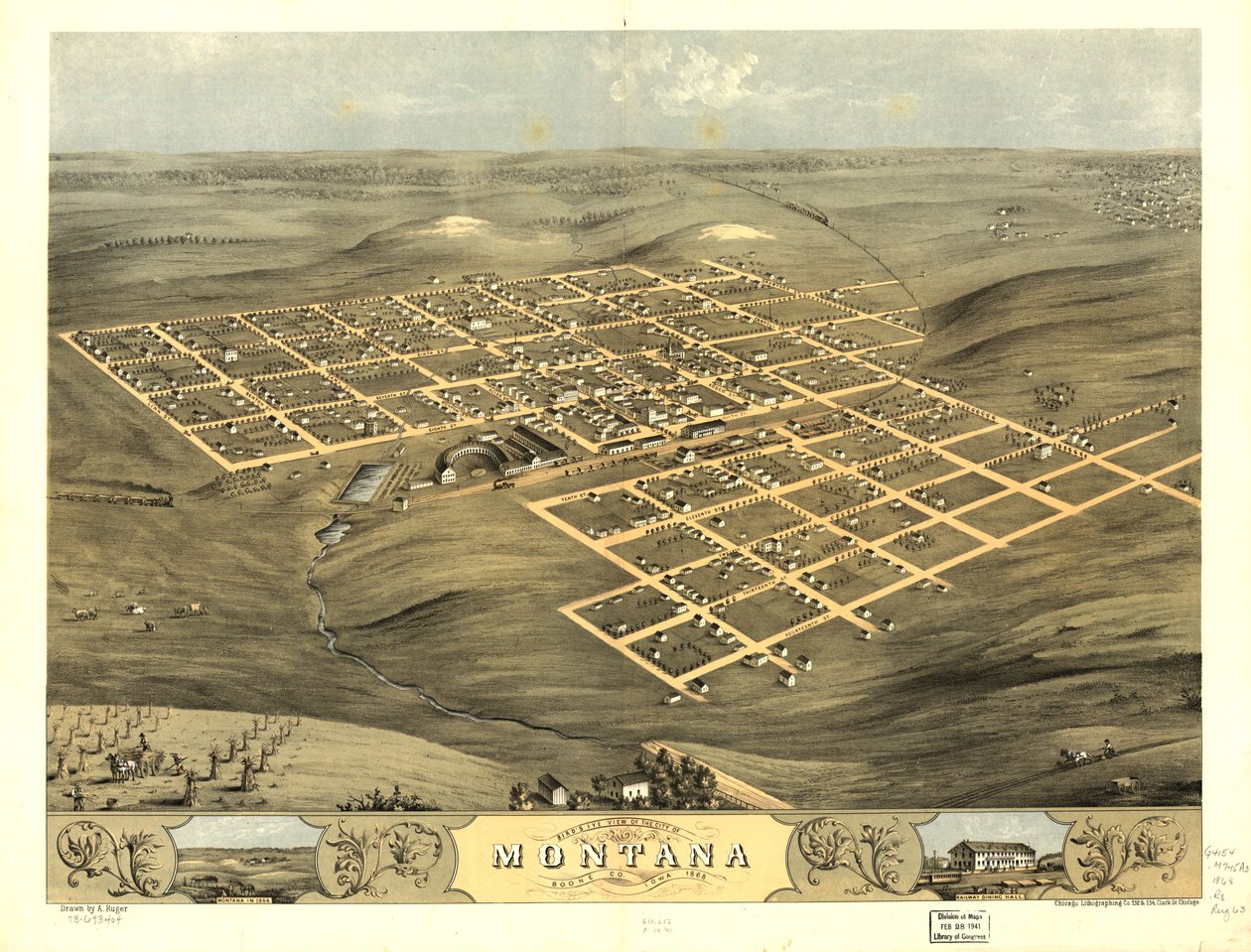 Vogelperspektive der Stadt Montana, Boone Co., Iowa 1868 von A.; Chicago Lithographing Co. Ruger
