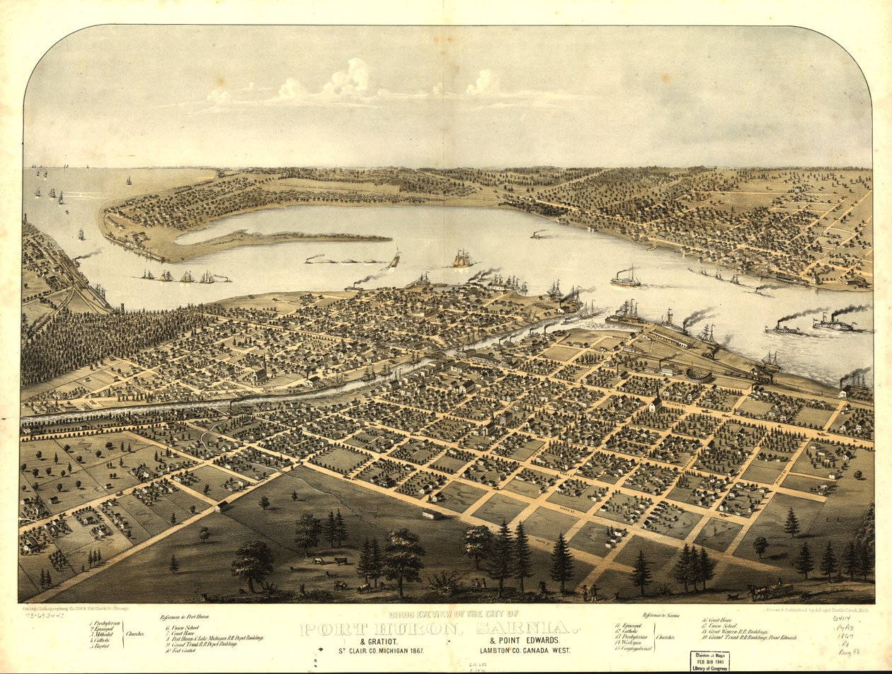 Vogelperspektive der Stadt Port Huron, Sarnia & Gratiot, St. Clair Co., Michigan 1867 & Point Edwards, Lambton Co., Kanada West von A.; Chicago Lithographing Co. Ruger