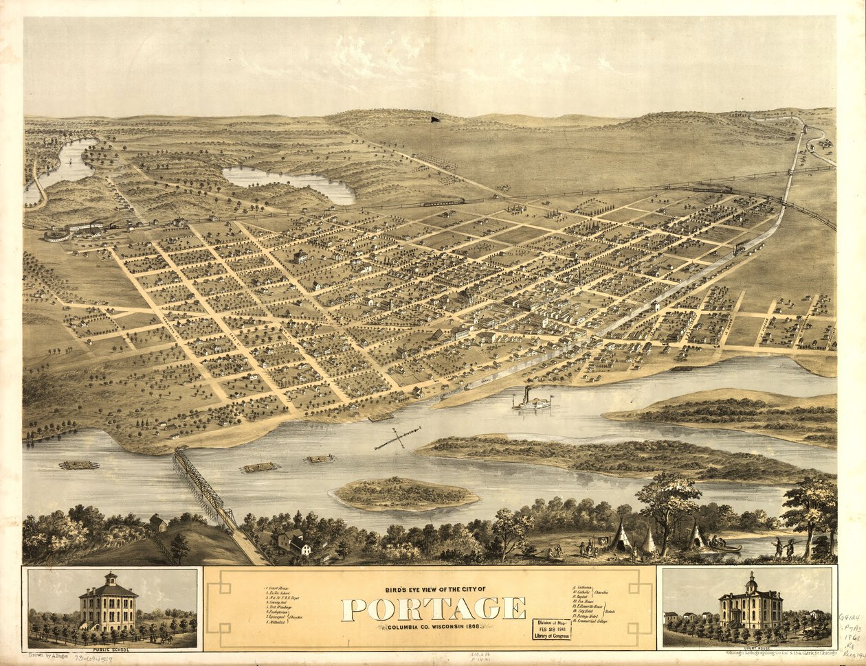 Vogelperspektive der Stadt Portage, Columbia Co., Wisconsin 1868 von A.; Chicago Lithographing Co. Ruger