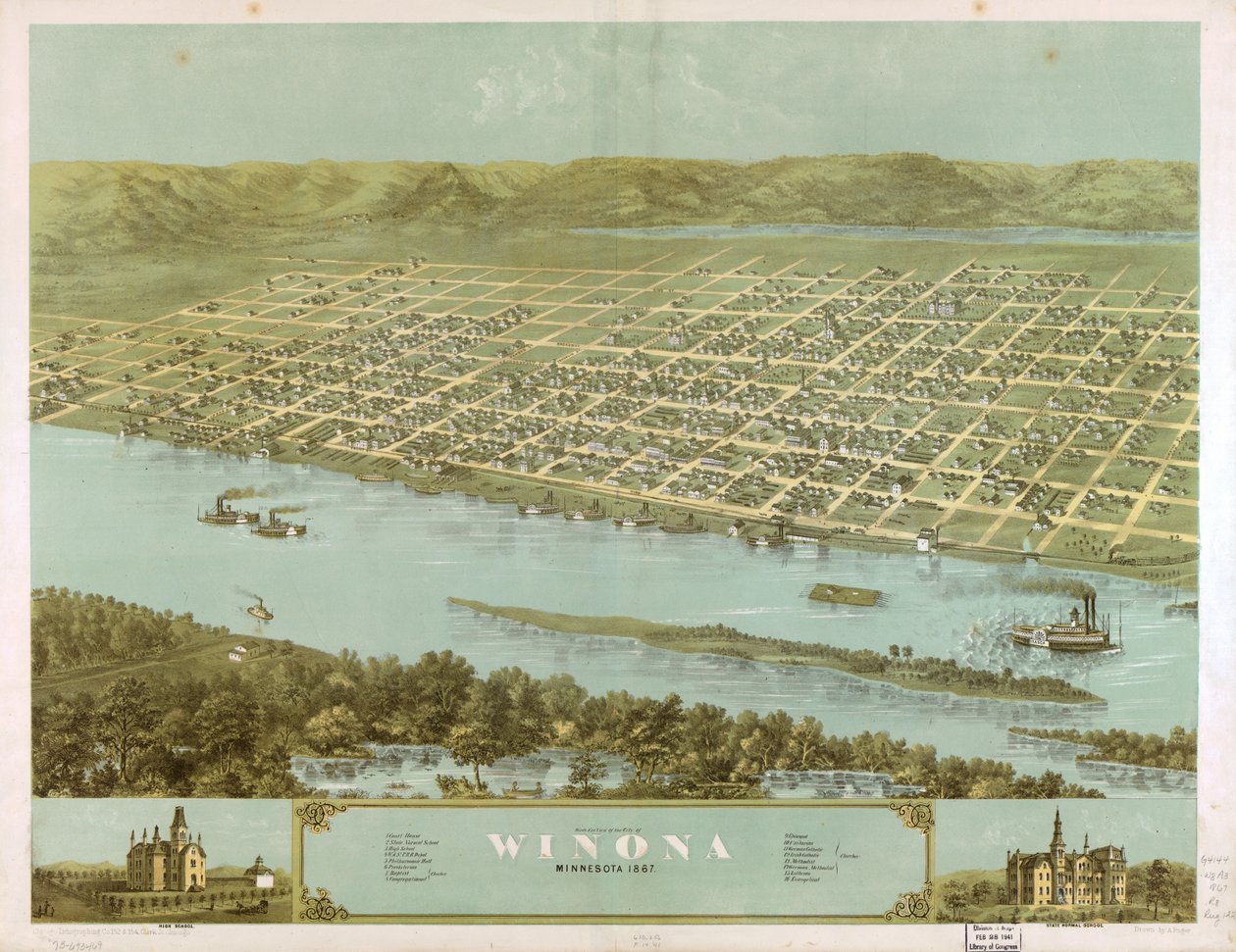 Vogelperspektive der Stadt Winona, Minnesota 1867 von A.; Chicago Lithographing Co. Ruger