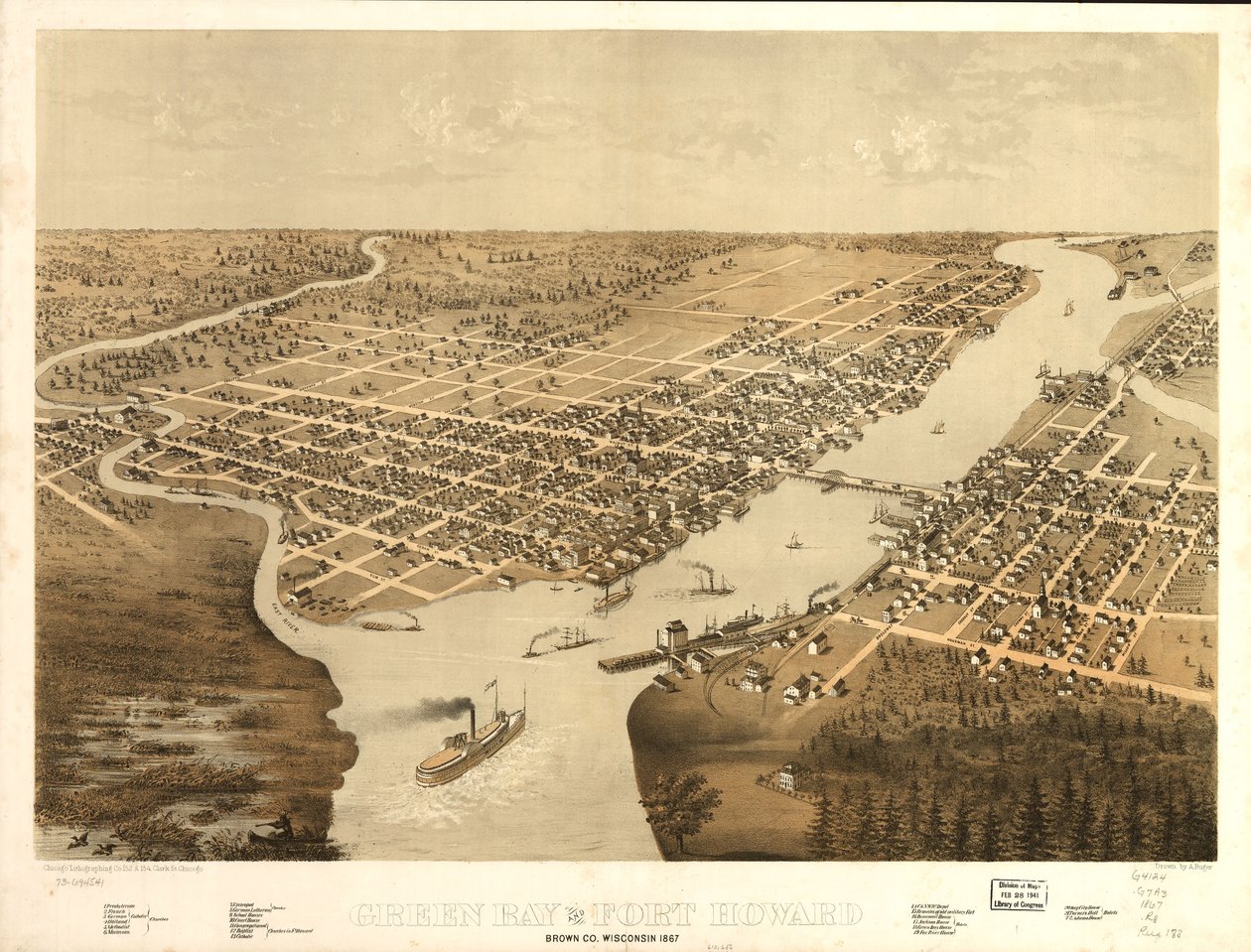 Green Bay und Fort Howard, Brown Co., Wisconsin 1867 von A.; Chicago Lithographing Co. Ruger