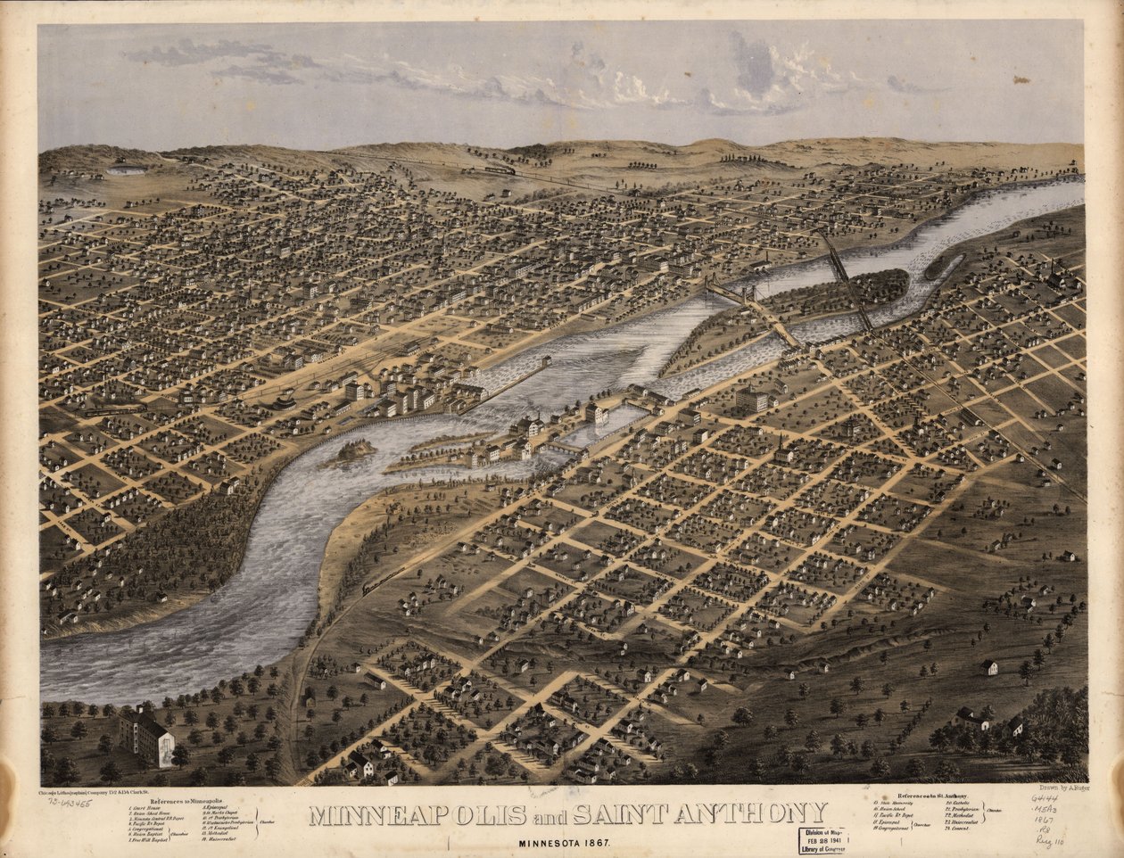 Minneapolis und Saint Anthony, Minnesota 1867 von A.; Chicago Lithographing Co. Ruger