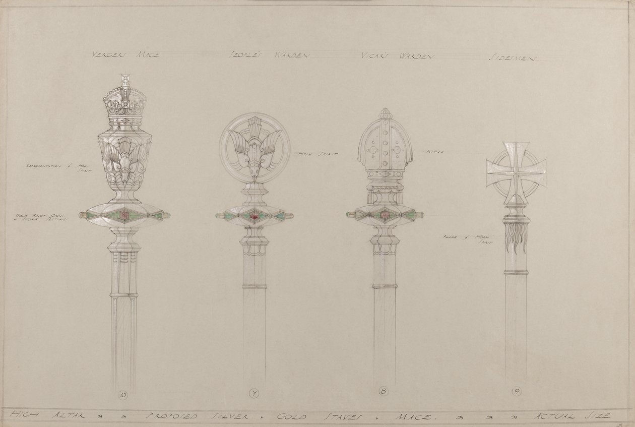 Hochaltar: vorgeschlagene gold- und silberne Stäbe und Streitkolben, tatsächliche Größe von A. Edward Jones and Co.
