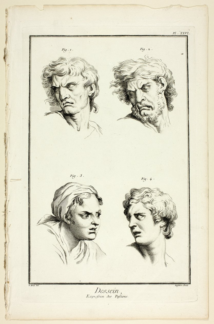 Zeichnung: Ausdruck von Emotionen (Hass oder Eifersucht, Wut, Verlangen, körperlicher Schmerz), aus Encyclopédie von A. J. Defehrt