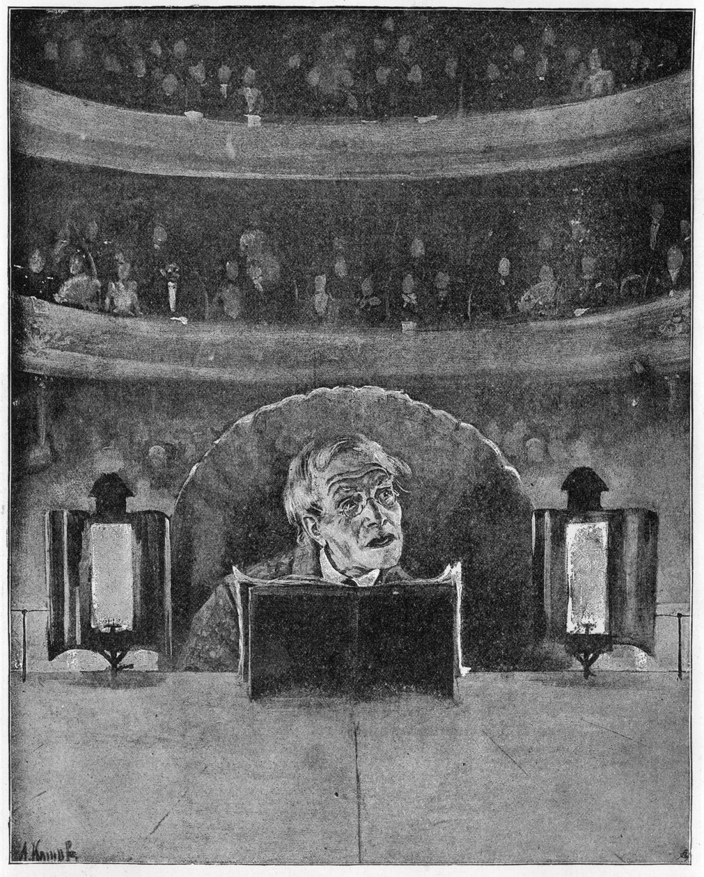 Wie ein Schauspieler sein Publikum und den Souffleur sieht, ca. 1890 von A. Kamak
