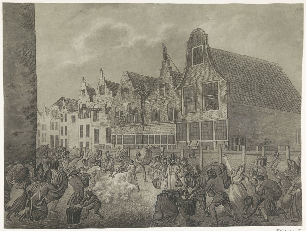 Einsturz der Verschalung entlang der Kortendijk in Gorinchem, 1809 (Serie: Vier Platten der Überschwemmung 1809, gewidmet König Ludwig Napoleon) von A. Lutz