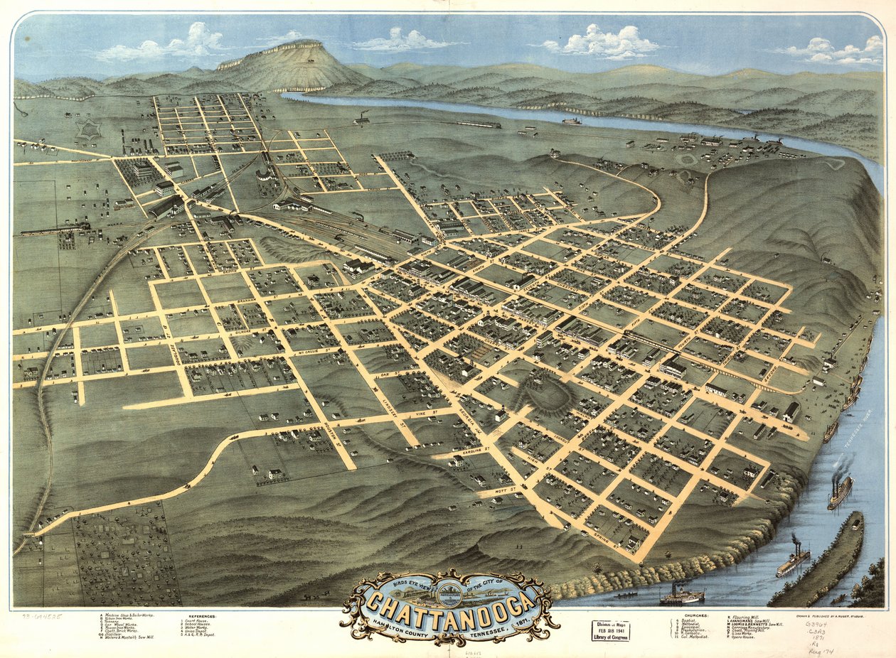 Vogelperspektive der Stadt Chattanooga, Hamilton County, Tennessee 1871 von A. Ruger
