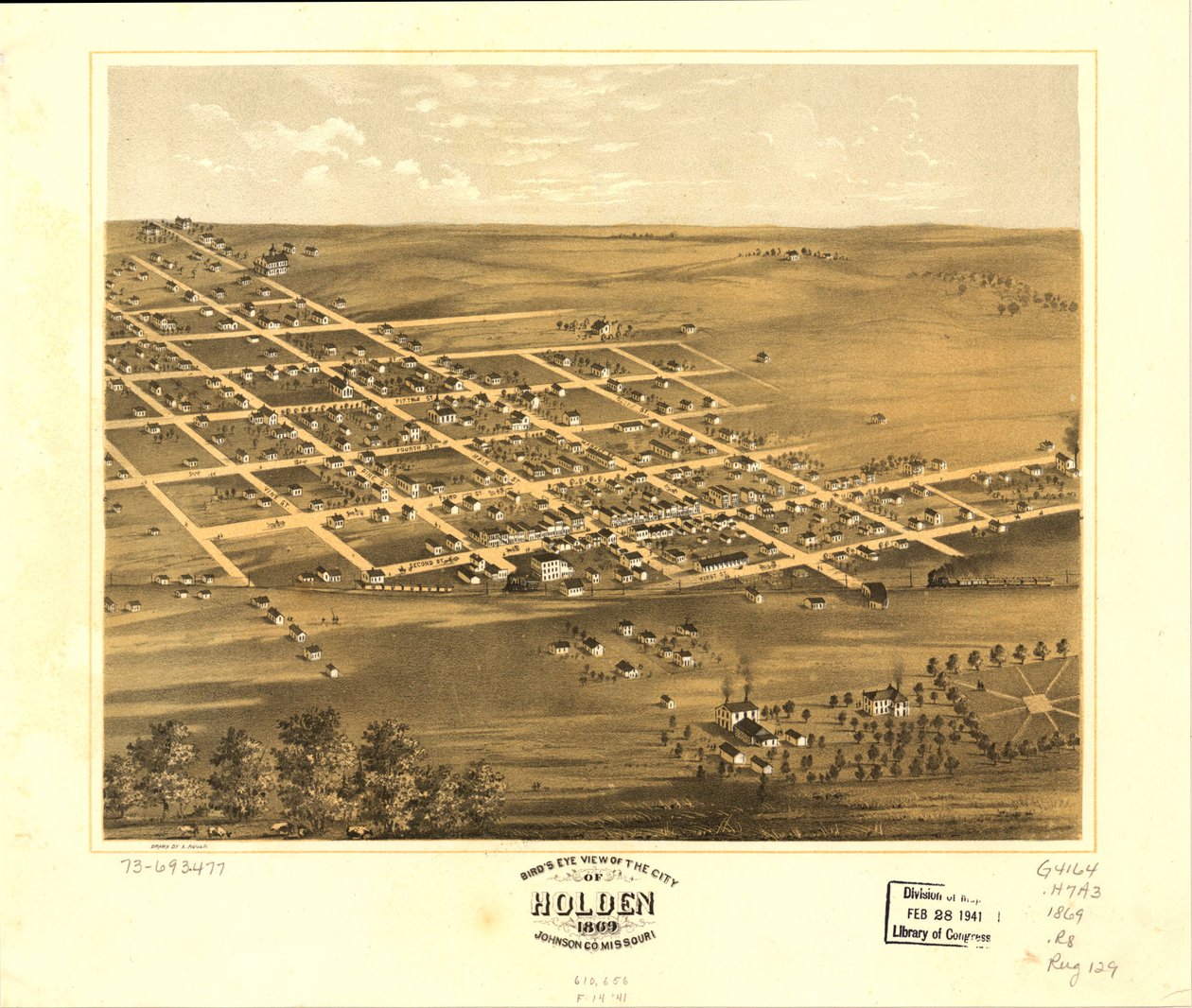 Vogelperspektive der Stadt Holden, Johnson Co., Missouri 1869 von A. Ruger