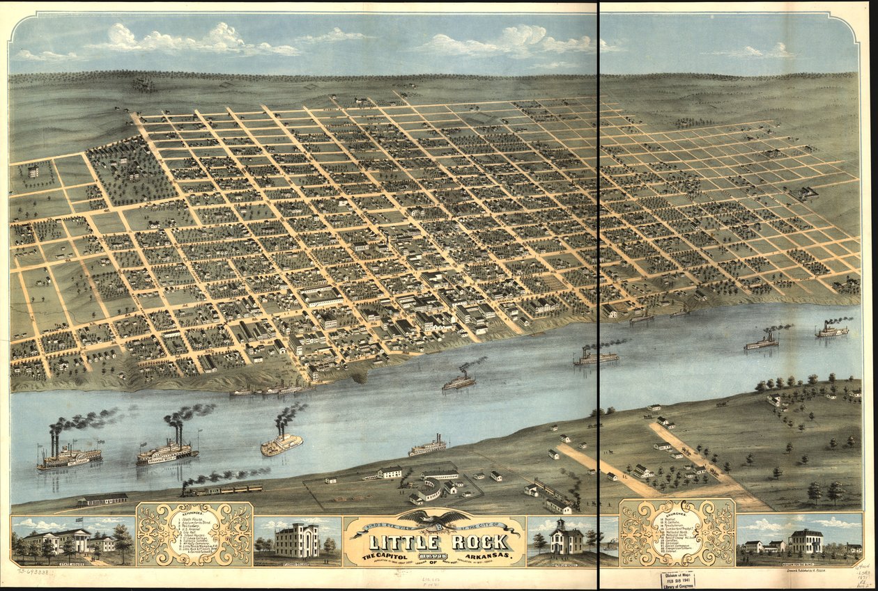 Vogelperspektive der Stadt Little Rock, der Hauptstadt von Arkansas 1871 von A. Ruger