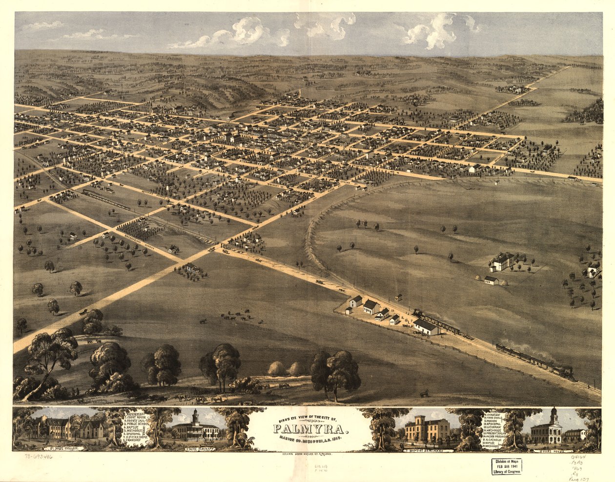 Vogelperspektive der Stadt Palmyra, Marion Co., Missouri, A.D. 1869 von A. Ruger