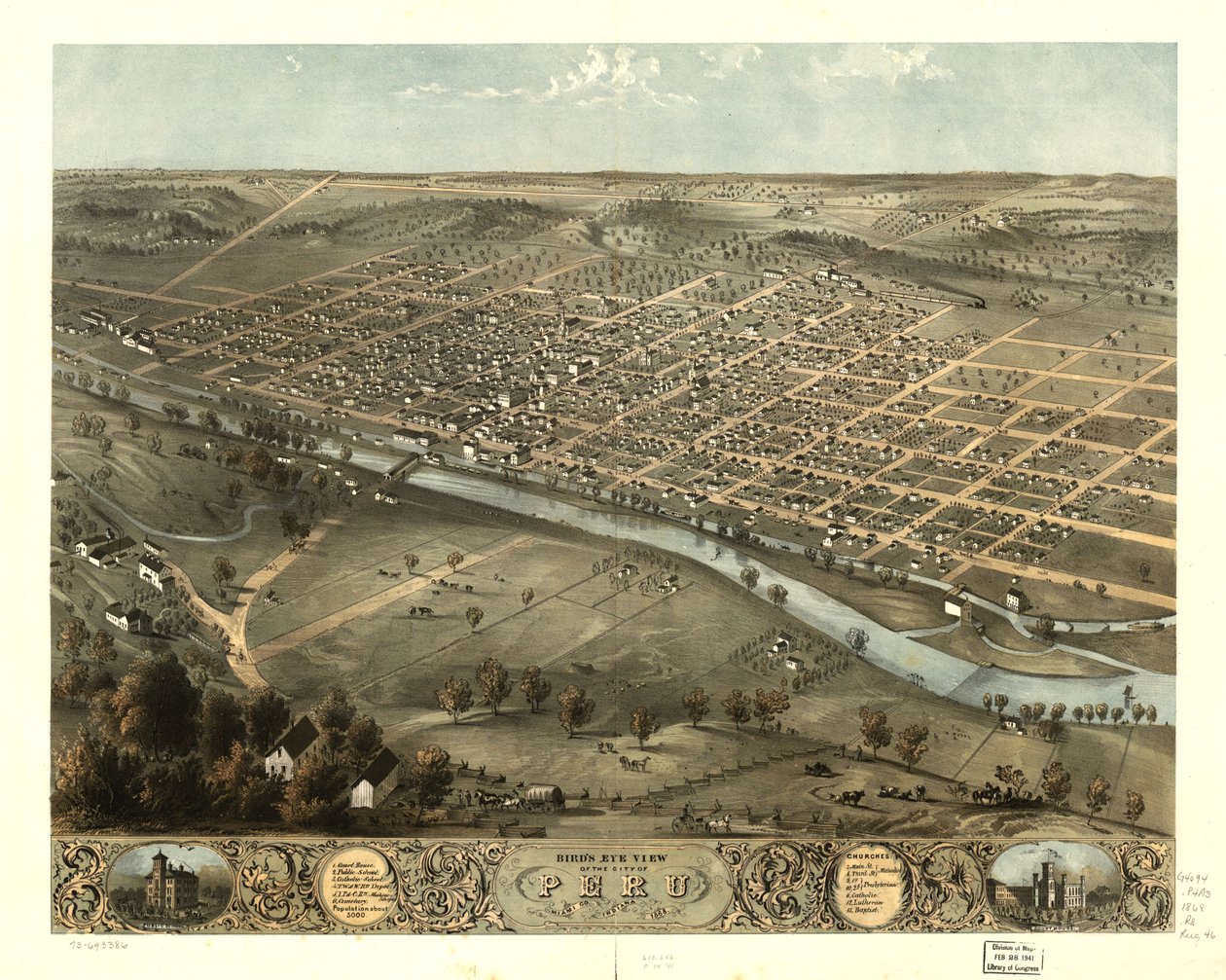 Vogelperspektive der Stadt Peru, Miami Co., Indiana 1868 von A. Ruger