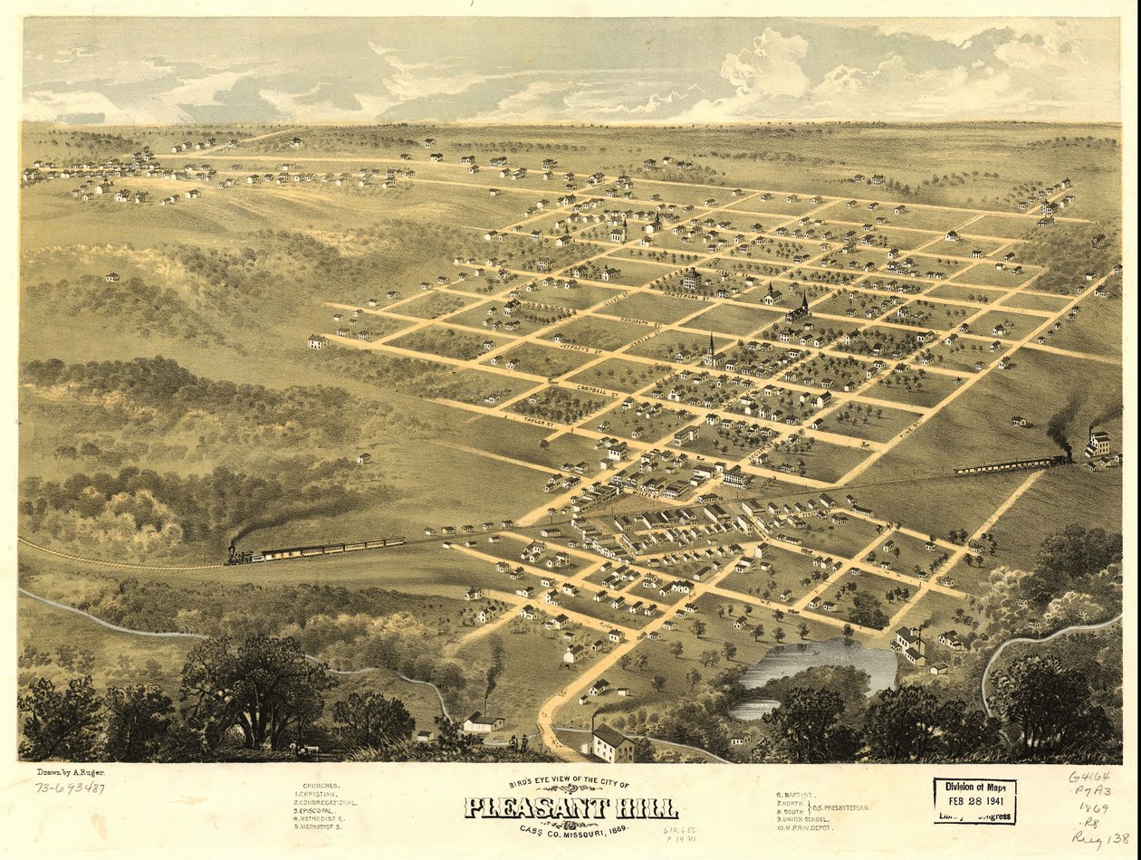 Vogelperspektive der Stadt Pleasant Hill, Cass Co., Missouri 1869 von A. Ruger
