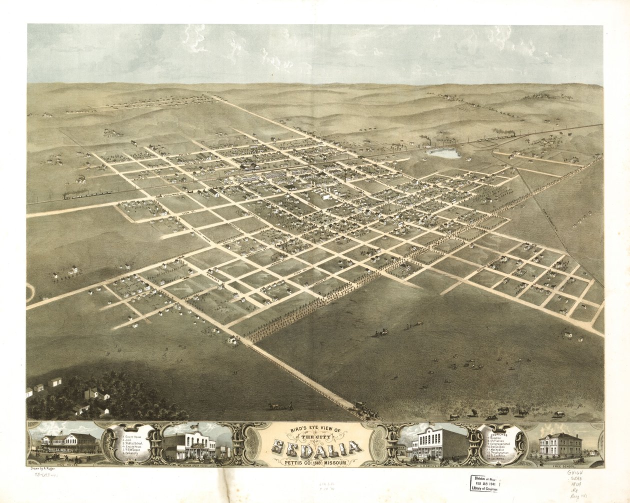 Vogelperspektive der Stadt Sedalia, Pettis Co., Missouri 1869 von A. Ruger