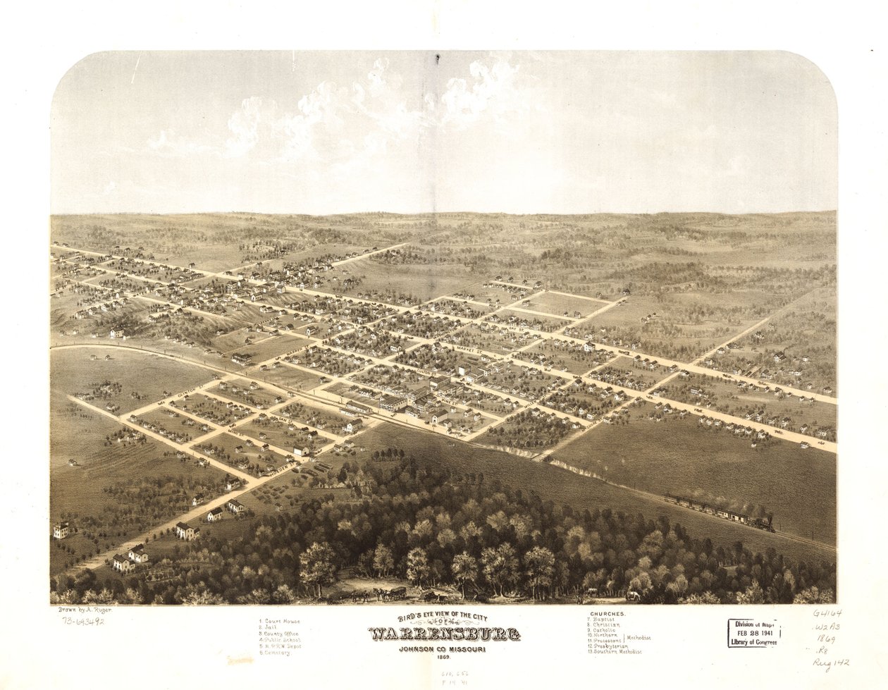 Vogelperspektive der Stadt Warrensburg, Johnson Co., Missouri 1869 von A. Ruger