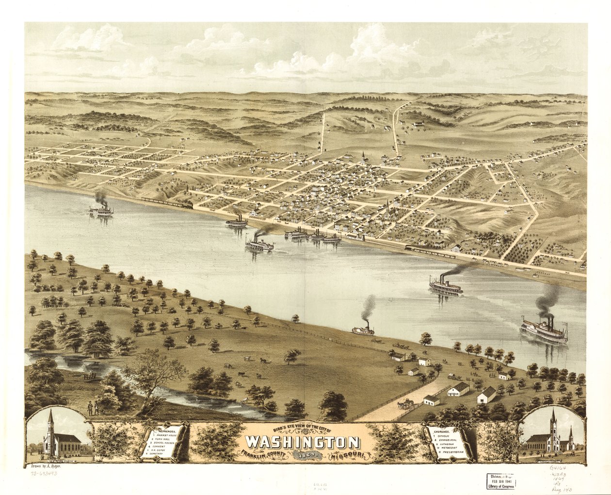 Vogelperspektive der Stadt Washington, Franklin County, Missouri 1869 von A. Ruger