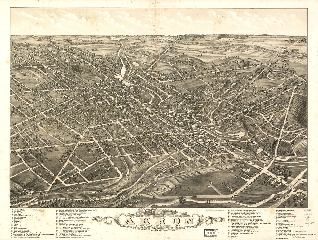 Panoramablick auf die Stadt Akron, Summit County, Ohio 1882 von A. Ruger Ruger