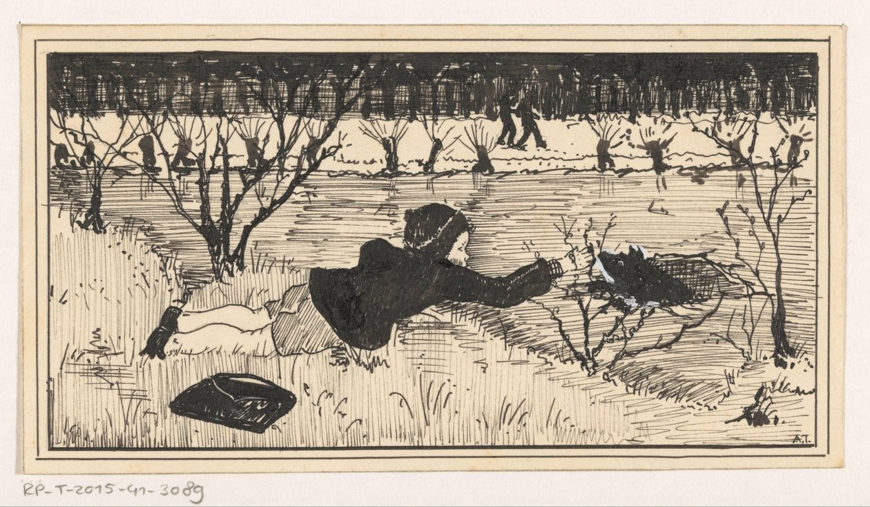 Mädchen versucht Hund aus dem Eisloch zu retten von A. Tinbergen (signed by artist)