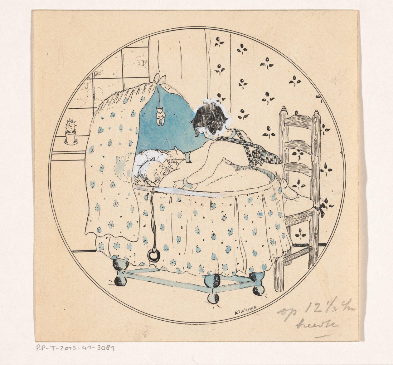 Mädchen will Baby aus der Wiege heben von A. Tinbergen (signed by artist)