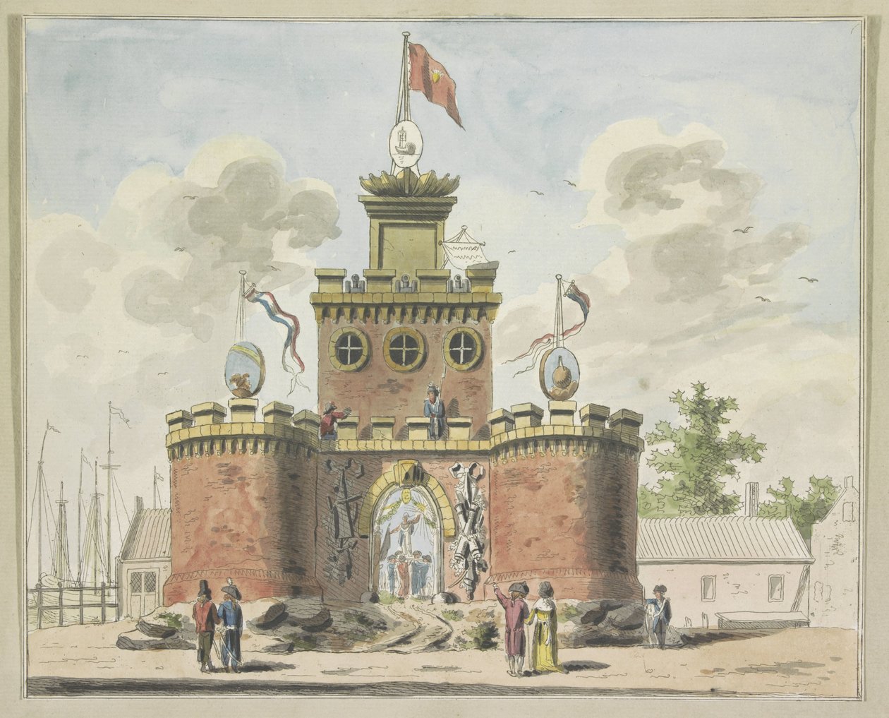 Allgemeine Bewaffnung, Dekoration auf dem Kadijksplein, 1795 (Zehn Platten der Dekorationen beim Allianzfest in Amsterdam 1795) von A. Verkerk