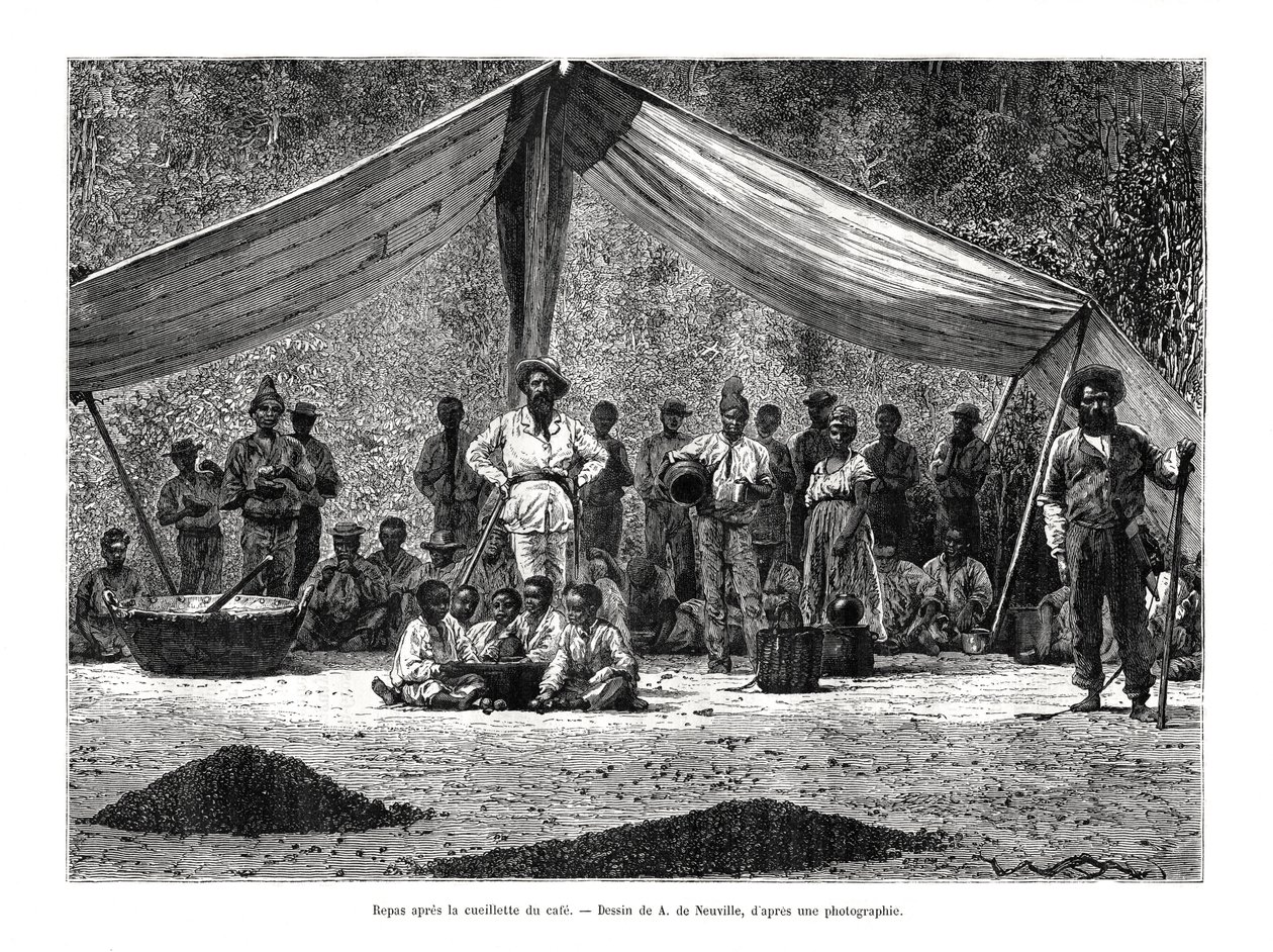 Eine Mahlzeit nach der Kaffeeernte, Brasilien, 19. Jahrhundert von A. de Neuville