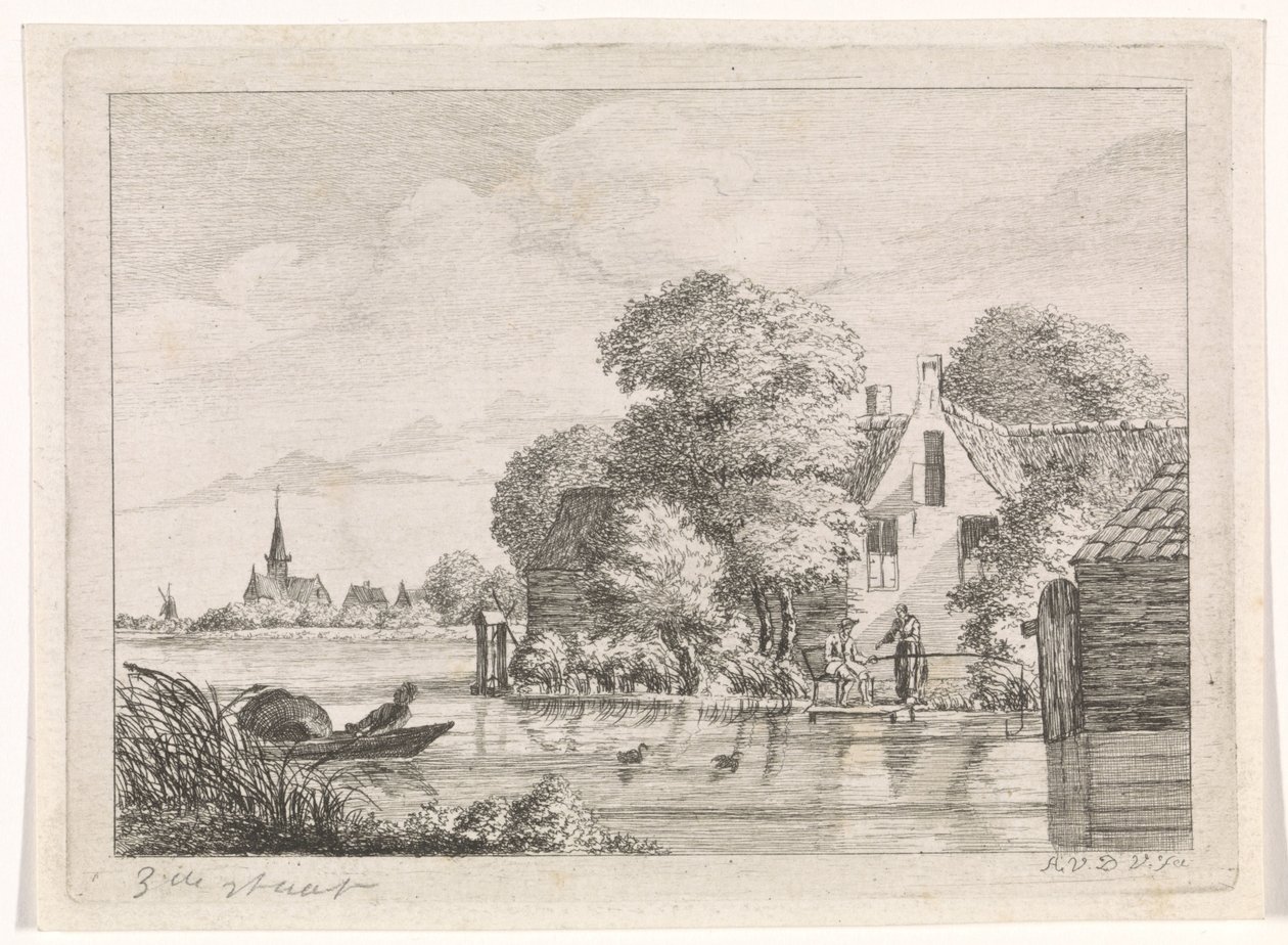 Angler und eine Frau vor einem Haus von A. van de Velde