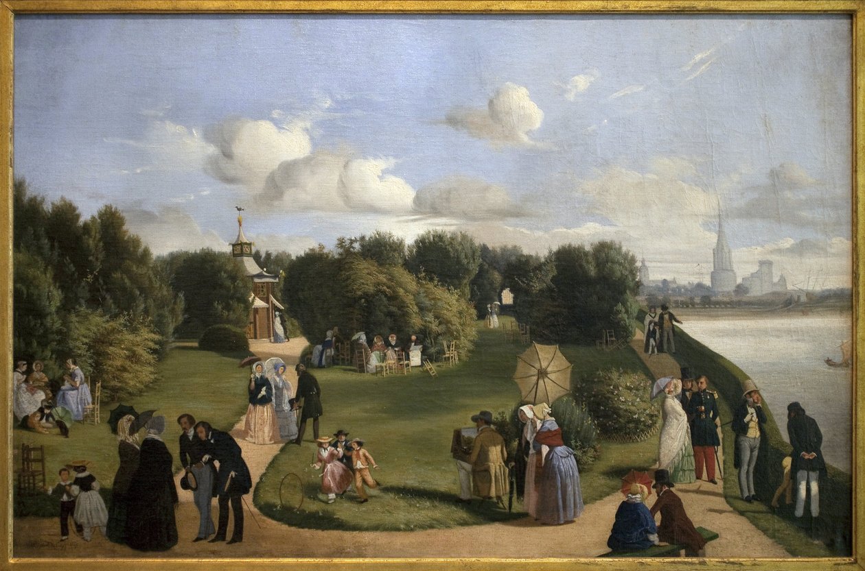 Ansicht von La Rochelle (Garten des Bades Marie Therese). Figuren des Bürgertums in einem Park: Paar plaudert auf einer Bank, Männer grüßen Damen, Kind spielt mit einem Reifen... Gemälde von Alexandre Abel de Pujol (1785-1861), Öl auf Leinwand von Abel de Pujol