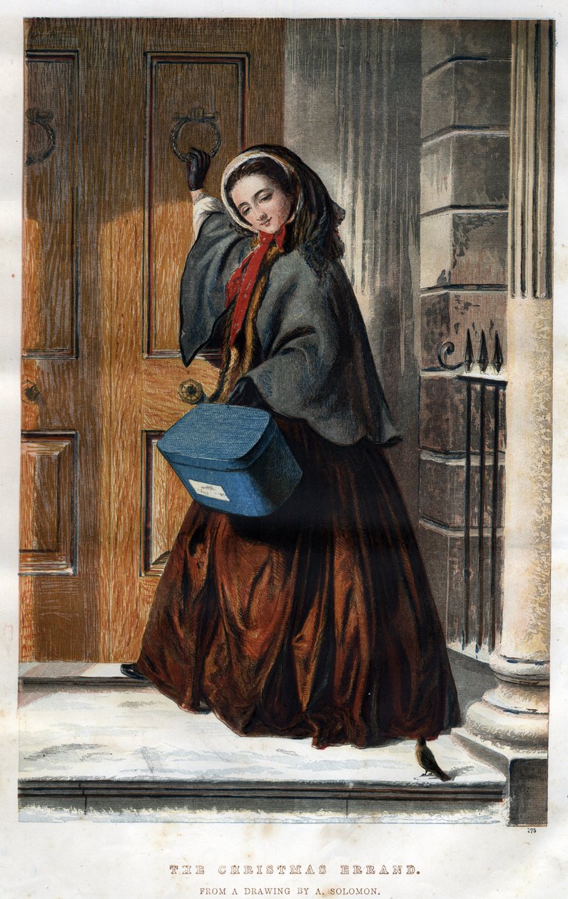Weihnachtsrennen: Eine elegante junge Frau klopft mit einem Paket in der Hand an die Tür eines Hauses (Illustration nach einer Zeichnung von Abraham Solomon) von Abraham (after) Solomon