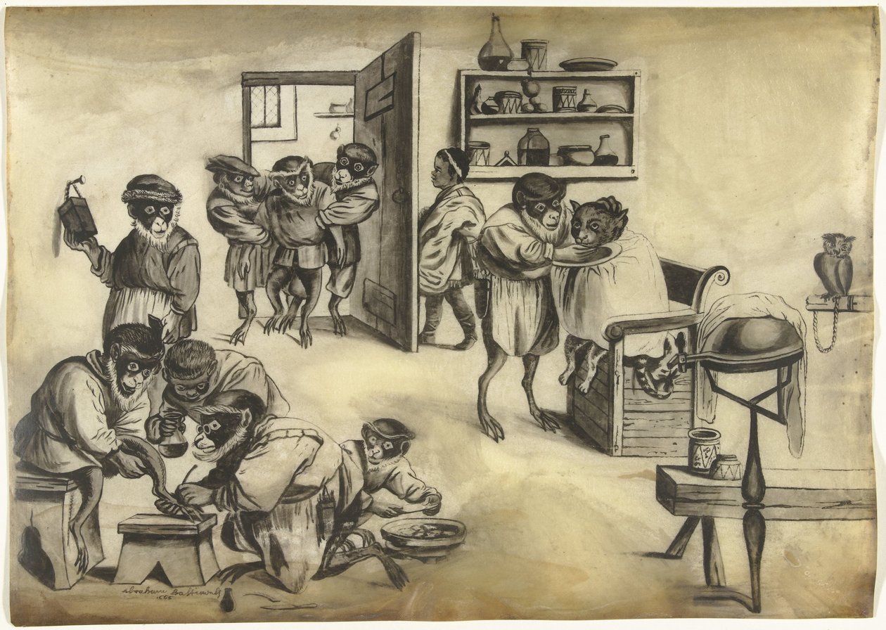 Barbierladen mit Affen, ca. 1720 von Abraham Bastiaensz.