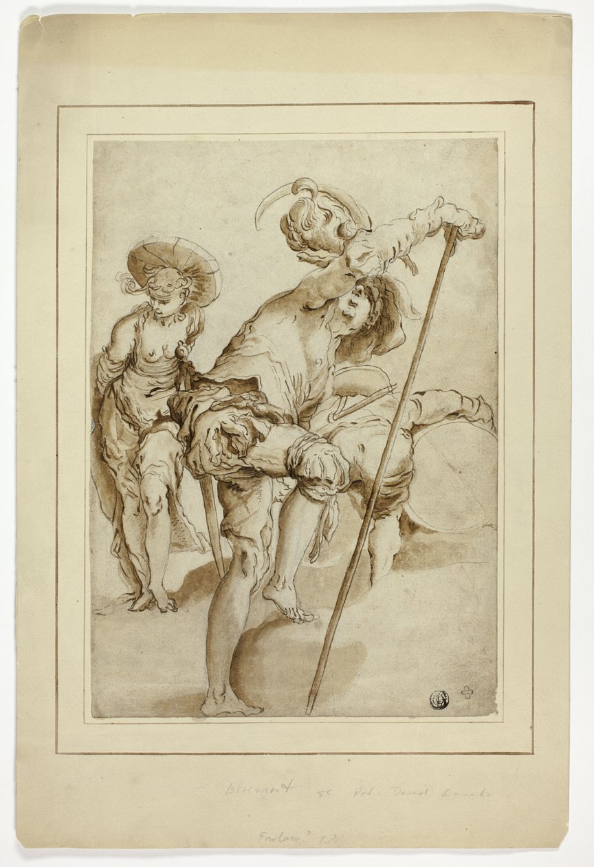 Ein stehender Soldat, eine stehende Frau und ein gebückter Trommler von Abraham Bloemaert