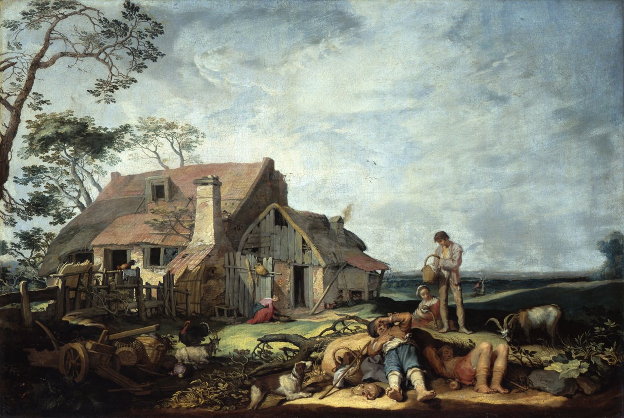 Landschaft mit Bauernhof, Bauern und der Auszug von Tobias mit dem Engel von Abraham Bloemaert