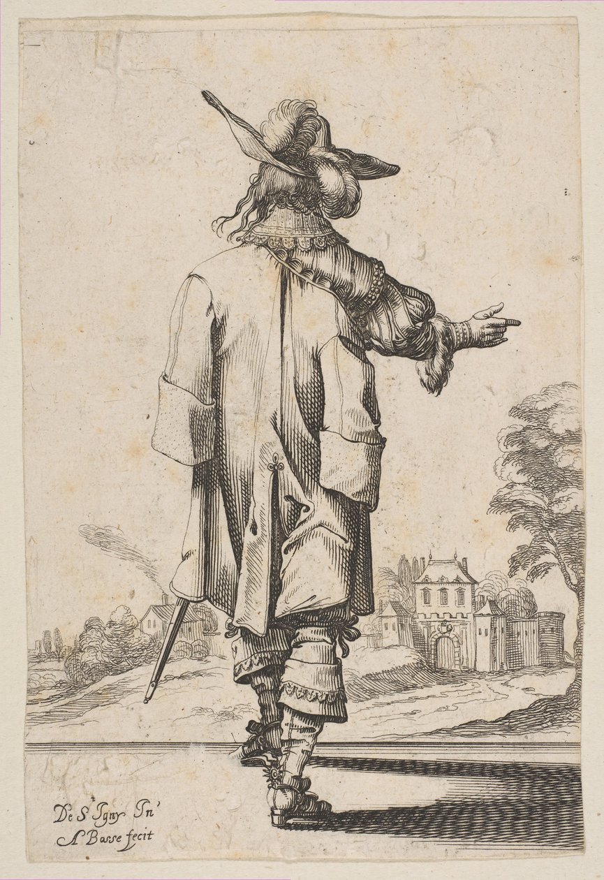 Herr von hinten gesehen, der auf ein Schloss zeigt, 1629 von Abraham Bosse