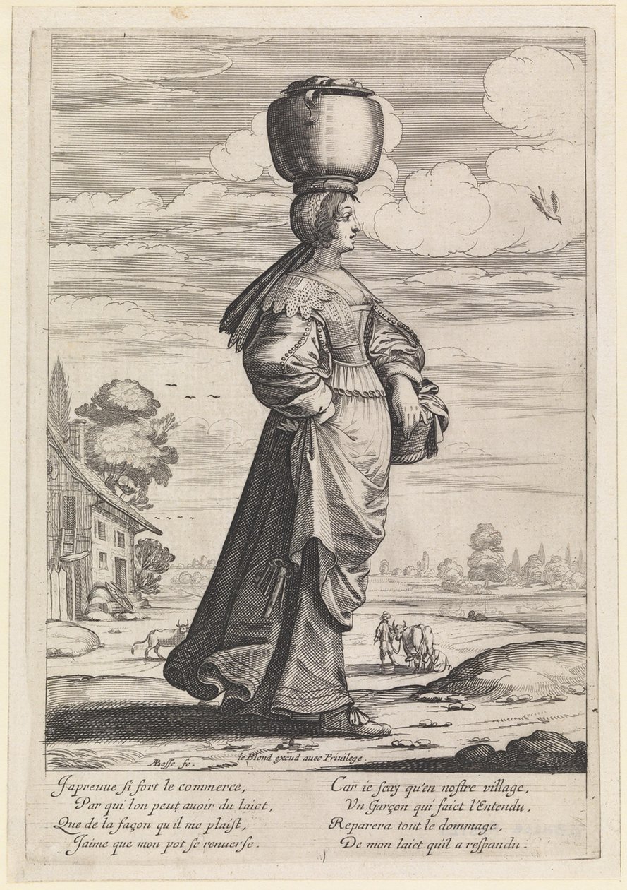 Nach rechts gehende Frau in einer Landschaft, die einen Topf auf dem Kopf trägt von Abraham Bosse