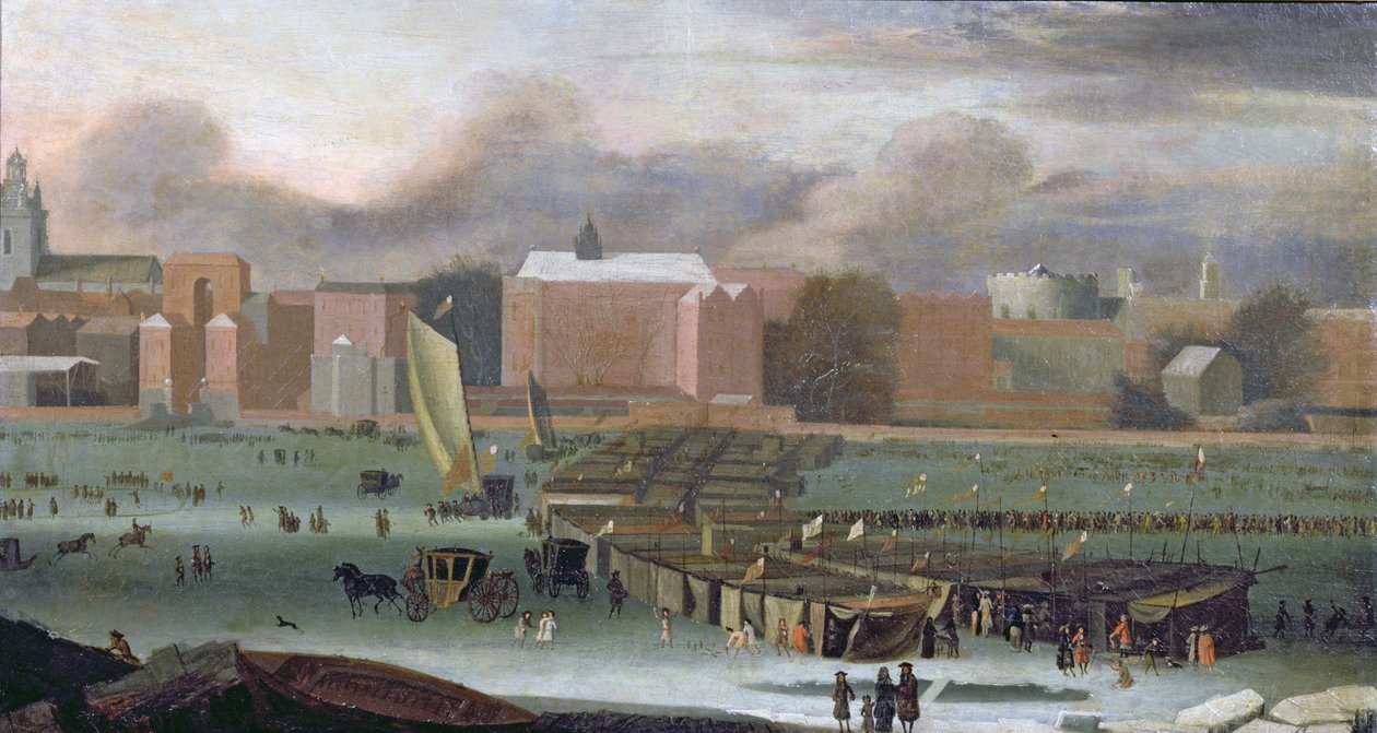 Ein Frostjahrmarkt auf der Themse bei Temple Stairs, ca. 1684 von Abraham Danielsz. Hondius