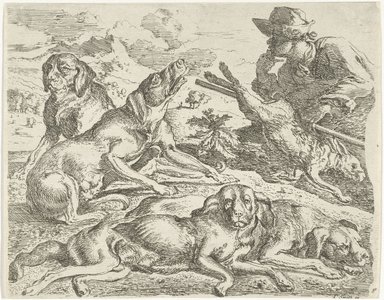 Vier Hunde, ein Jäger und ein Hase von Abraham Danielsz. Hondius