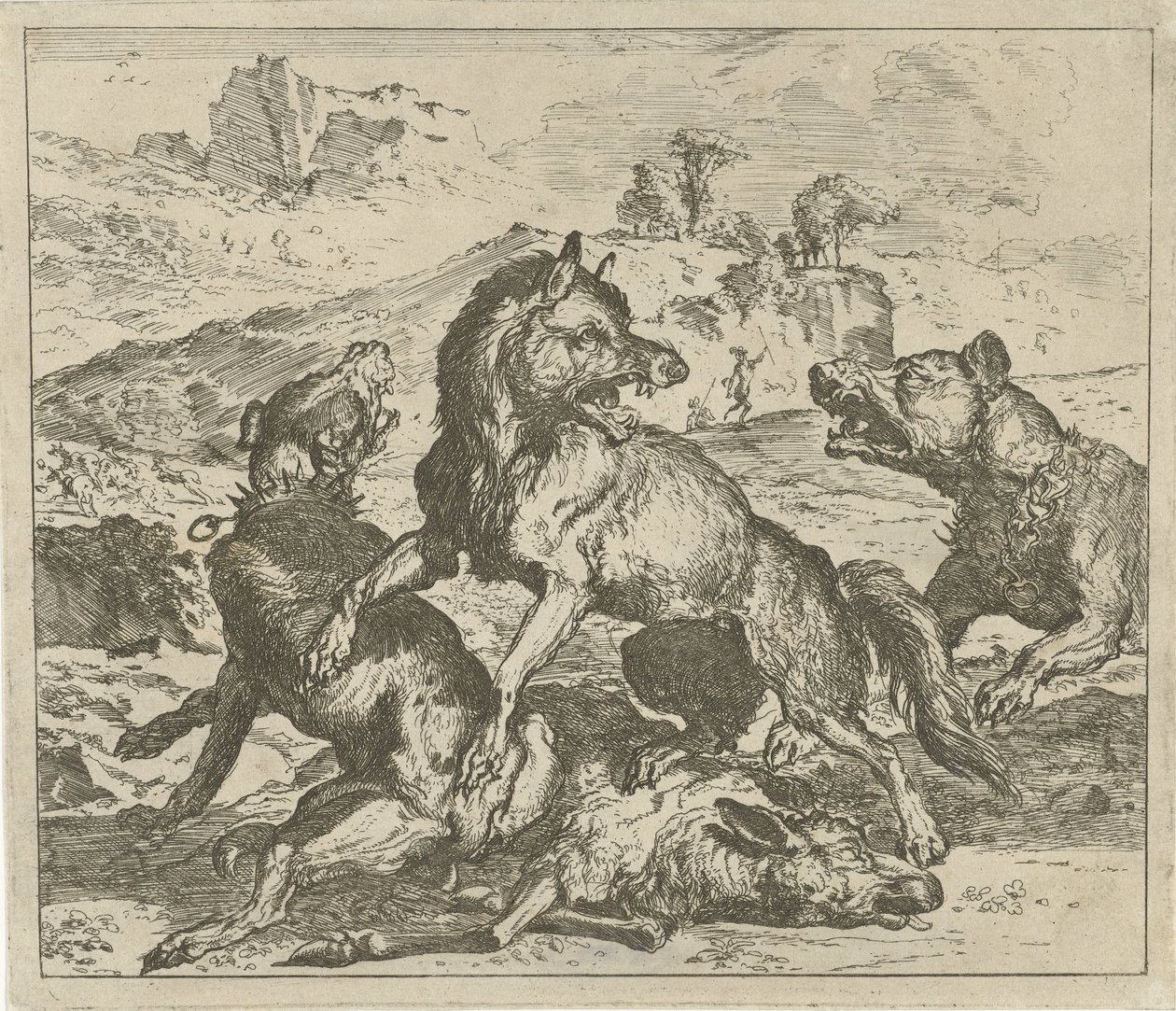 Wolf wird von Hunden angegriffen von Abraham Danielsz. Hondius