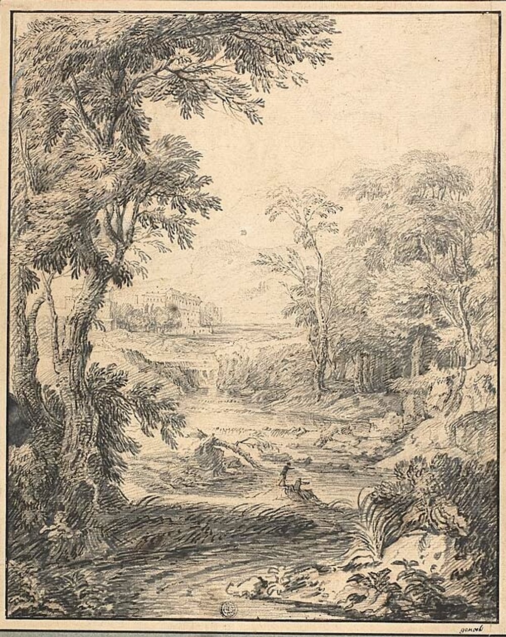 Flusslandschaft mit zwei Figuren im Vordergrund, Burg in der Ferne von Abraham Genoels II
