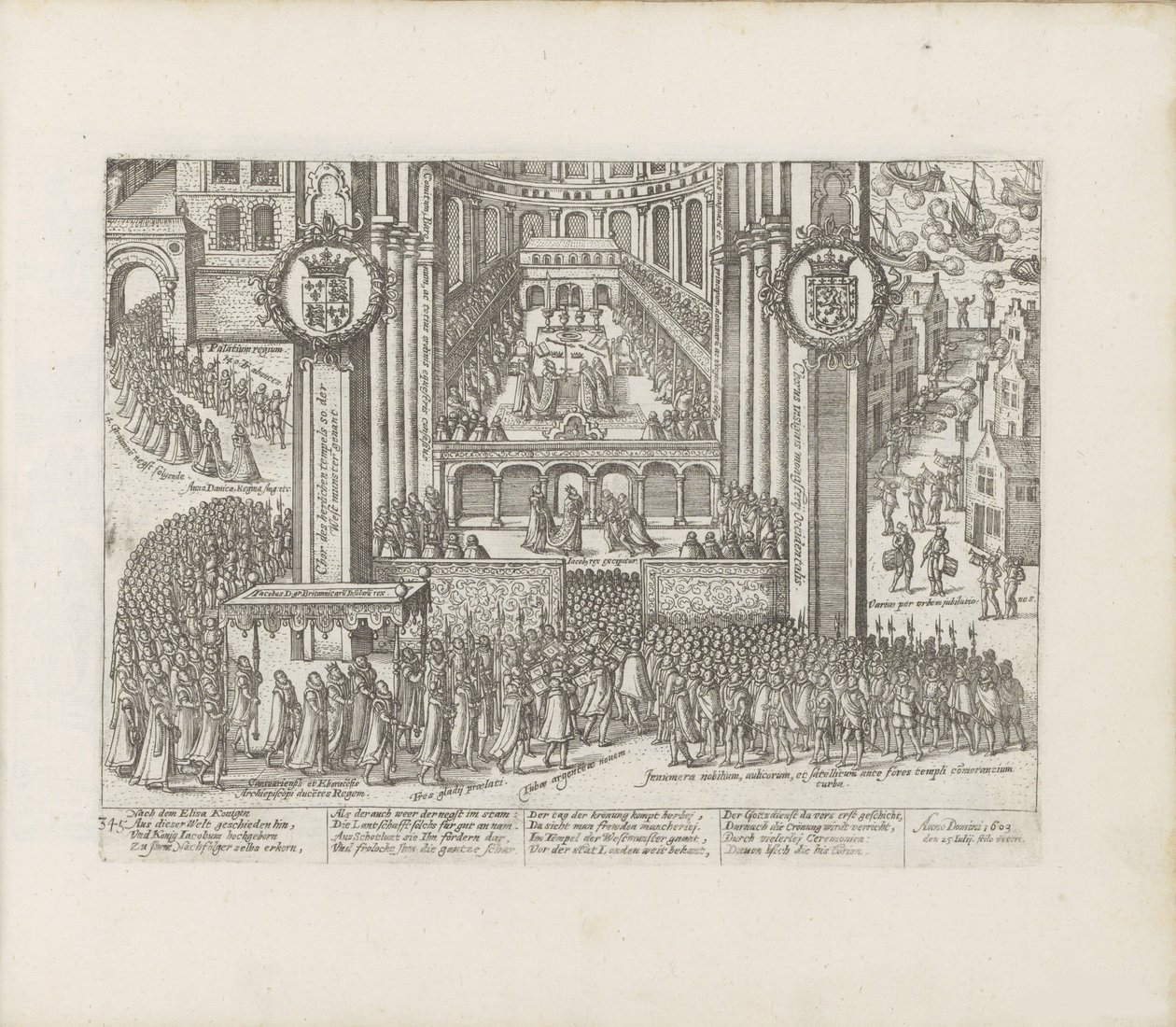 Ansicht des Äußeren der Westminster Abbey während der Krönung von James I., 1603-1604 von Abraham Hogenberg