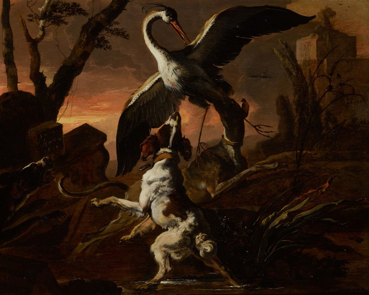 Drei Hunde greifen einen Kranich in einer Landschaft an von Abraham Hondius