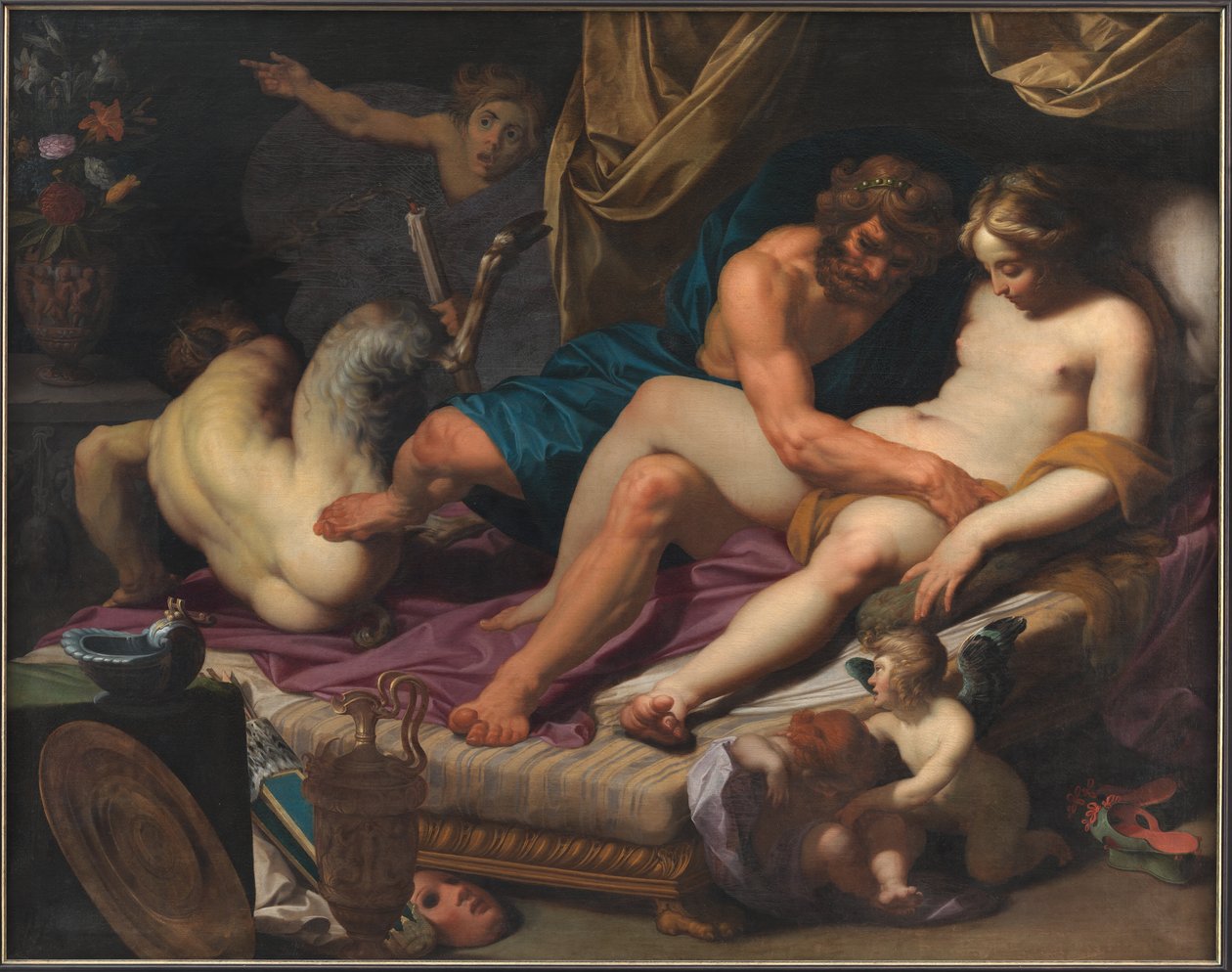 Herkules tritt Faunus aus Omfales Bett von Abraham I Janssens