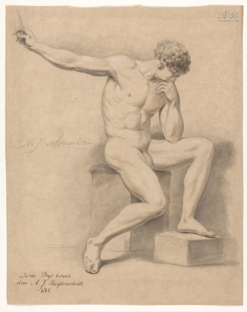 Sitzender männlicher Akt, von vorne gesehen (3. Preis 1805) von Abraham Johannes Ruytenschildt