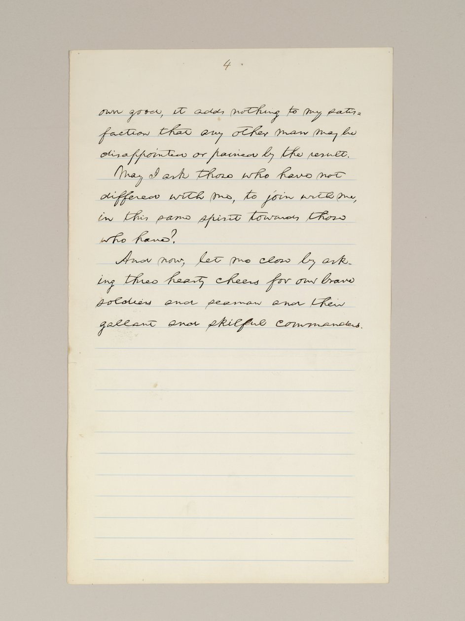 Autographisches Manuskript von Lincolns Wahlsieg-Rede als Präsident, gehalten in Washington D.C., aus dem Fenster des Weißen Hauses am Abend des 10. November von Abraham Lincoln