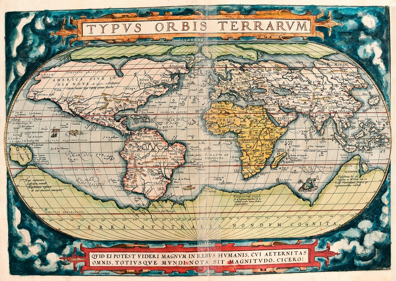Erdkarte (Weltkarte) Geographische Karte aus „Theatrum Orbis Terrarum“ von Abraham Ortelius (1527-1598) von Abraham Ortelius