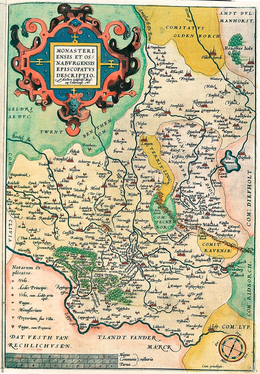 Franciae Orientalis: Monasteriensis Et Osnaburgensis Episcopatus Descriptio. Geographische Karte von Franken in Deutschland aus „Theatrum Orbis Terrarum“ von Abraham Ortelius (Oertel, Ortell oder Ortel) von Abraham Ortelius