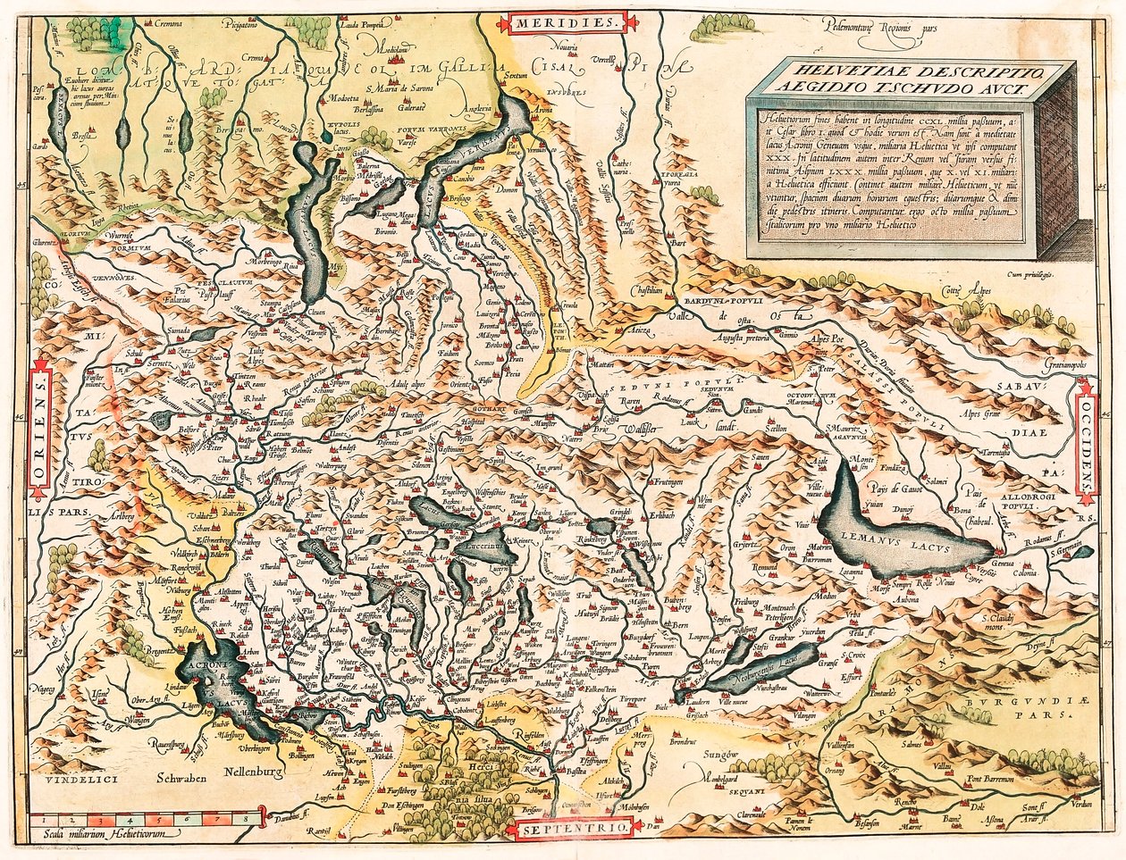 Helvetiae Descriptio Aegidio Tschudo Auct. Geografische Karte der Schweizer und französischen Alpen einschließlich Seen aus „Theatrum Orbis Terrarum“ von Abraham Ortelius von Abraham Ortelius