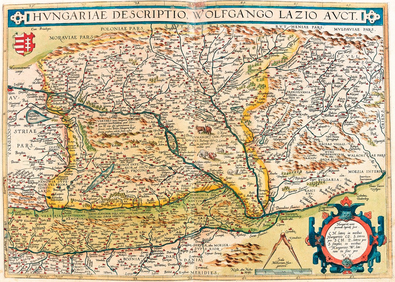 Hungarian Descriptio, Wolfgango Lazio Auct. Geographiekarte des Territoriums von Ungarn aus „Theatrum Orbis Terrarum“ von Abraham Ortelius von Abraham Ortelius